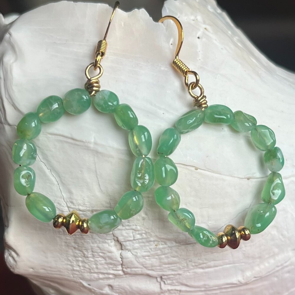 Gemstone Beaded Hoop Earrings | Chrysoprase Green Dangle Earrings - Picture 2 of 7